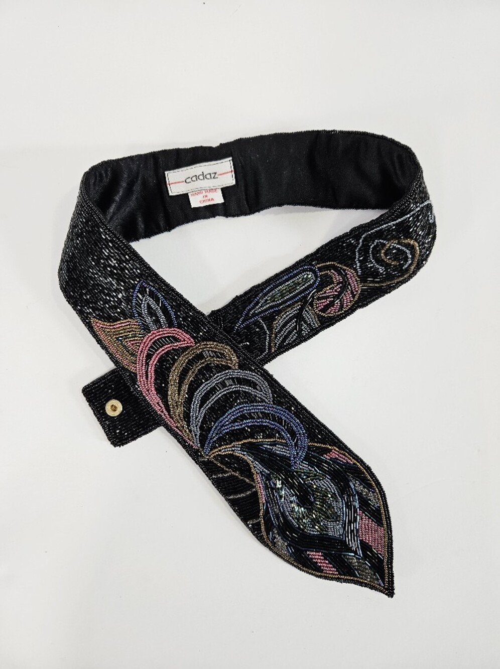 Vintage Cadaz Intricate Seed Beaded Peacock Feather Fold Over Statement Belt